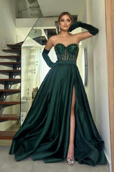 Amazing Long Dark Green A-line Strapless Lace Prom Dress with Side Slit